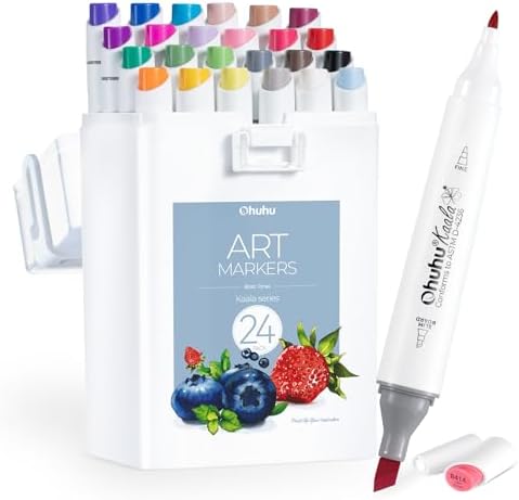 Ohuhu Alcohol Markers Fine& Slim Broad 24 Colors for Adult Beginners Artist