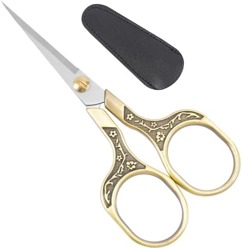 Needlepoint Scissors with Leather Sheath, 5" Vintage Antique Bronze Small Embroidery Scissors, Sharp Sewing Snips for Fabric, Yarn, Thread & Daily Crafting, Aesthetic Metal Craft Scissors