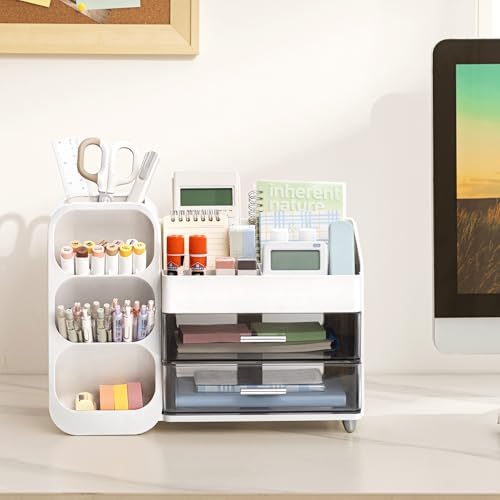 HBlife Desk Organizer with Pen Pencil Holder for Desk, Pen Organizer with 2 Drawers, Desk Organizers and Accessories with 4 Compartments, Desktop Storage for Office Home School Art Supplies, White