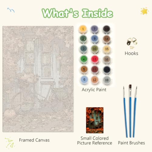 Spandrel Autumn Framed Paint by Numbers Kit for Adult Bicycle, Adult Paint by Number Kits on Canvas Fall Landscape, DIY Acrylic Oil Halloween Painting by Numbers for Home Wall Decor, 8x12in
