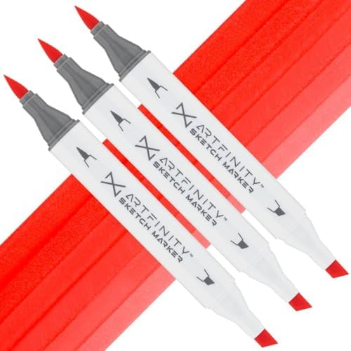 Artfinity Sketch Markers - Set of 3 - Fluorescent Red FR1, Vibrant, Professional, Dye-Based Alcohol Markers for Artists, Drawing, Travel, & More