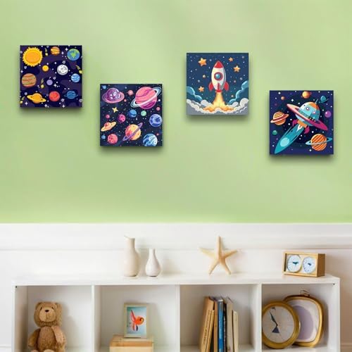 bleihum 4 Pack Paint by Numbers Kit for Kids with Frame Wooden Easel | Easy Paint by Number Kids Space, DIY Acrylic Oil Painting by Numbers for Home Wall Decor 8x8 Inch