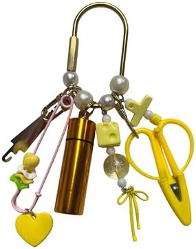 MEYAGO Needlepoint Bag Charm Tool Kit with Mini Embroidery Scissors, Needle Threader, Needle Holder Tube & Gold Keyring, Portable Embroidery Accessories for Cross Stitch Sewing DIY Crafts (Yellow)
