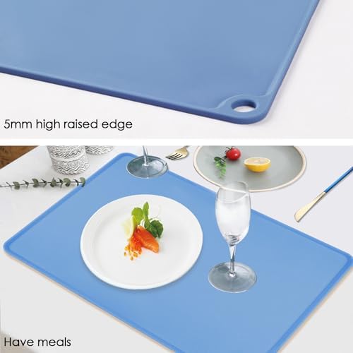Standard Silicone Table Placemat-Food Grade Kids Dinner Placemat Reusable Countertop Mats Dough Pad with Raised Edges Blue Silicone Mat Heat Resistant for Air Fryer (1Pack 23.6'' x 15.7'')