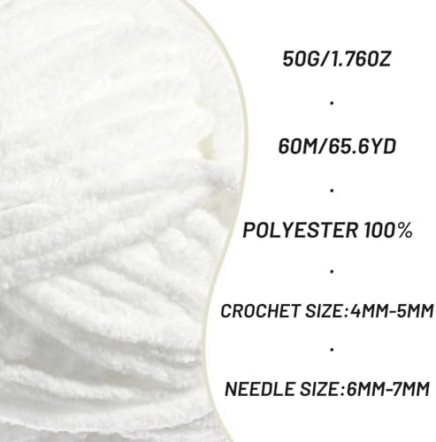 2 Packs Plush Chenille Chunky Crochet Yarn - Baby Yarn for Crocheting Soft - Velvet Yarns Knitting for Blankets Crafts - Fluffy Amigurumi Yarns 100g/131yds (2 Snow White)