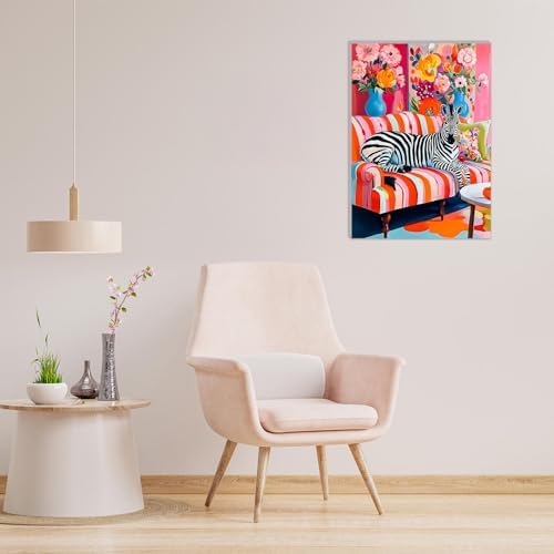 MAXBYE Paint By Numbers Kit for Adults with Frame and Wooden Easel, Zibra Sitting on a Sofa Acrylic Simple Oil Painting Kits for Beginners Gift Home Wall Garden Decor Any Festival 10×14 in