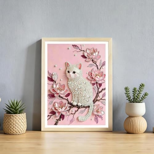 White Cat Diamond Pearl Painting Kits for Adults, Diamond Art kits 12x16In