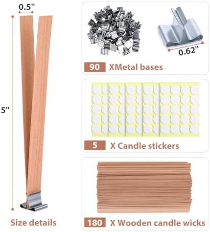 180Pcs Wood Candle Wick Kits for Candle Making, 5.0x0.5 Inch