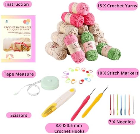 CSWCS Crochet Blanket Kit for Beginners, 40 inches Flower Bouquet Shawl Throw Kits for Adults, Learn How to Knitting with Yarn, Hook & Instructions, Gifts for Women Home Decor (Pink-red Hydrangea Kit)