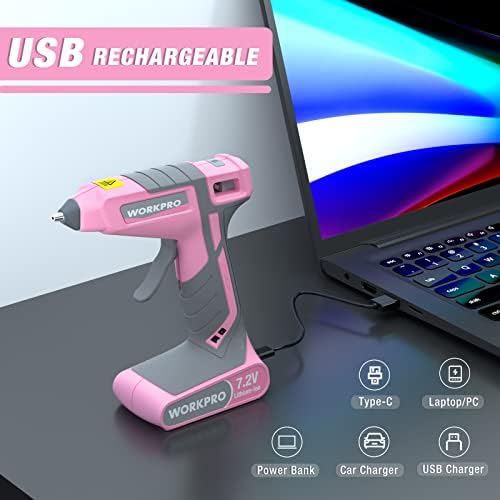 WORKPRO Pink Cordless Hot Melt Glue Gun with 20 Pcs Mini Glue Sticks
