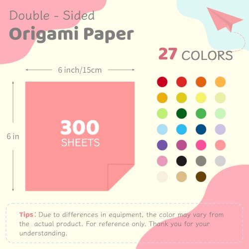 Origami Paper 300 Sheets, 27 Colors 6x6 Inch Double Sided Colored Paper | Square Paper for Kids Folding Crafts, DIY Arts, Scrapbooking, Classroom Projects and Creative Activities
