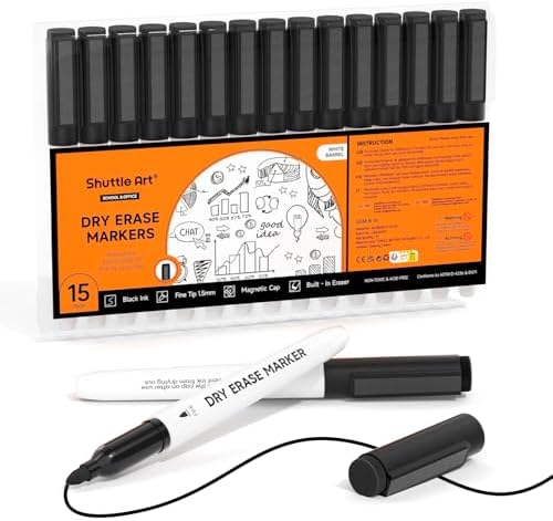 Shuttle Art Dry Erase Markers, 15 Pack Black Magnetic Whiteboard Markers with Erase,Fine Point Dry Erase Markers Perfect For Writing on Whiteboards, Dry-Erase Boards,Mirrors for School Office