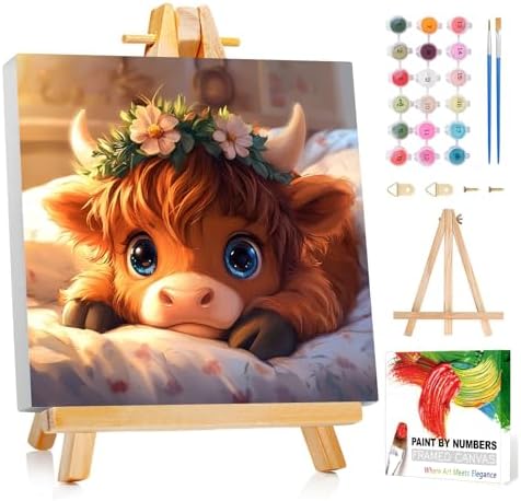 Reivworl Cow Paint by Numbers Kit for Kids with Frame 8×8 inch