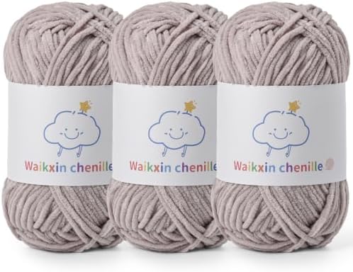Skinny Chenille Yarn for Crocheting, 3 Pack of 1.75 oz/109 yds Amigurumi Yarn&Baby Yarn for Crocheting Soft, Fluffy Fingering Weight Velvet Yarn for DIY Crafts&Baby Blankets.(3 Light Gray)