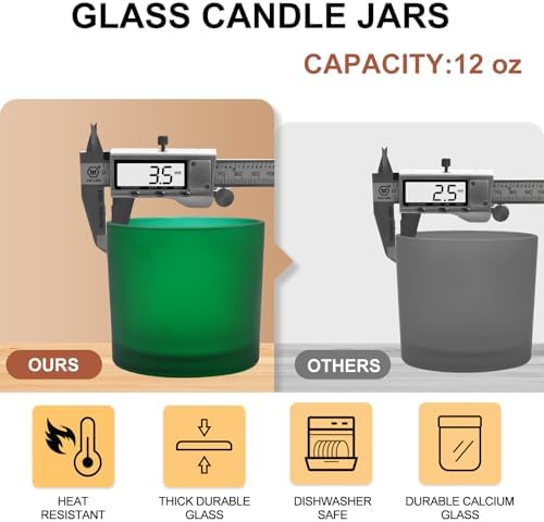 SHOWIN 12 OZ Thick Candle Jars for Making Candles 12 Pcs, Empty Jars with Wood Lids for Spice Jars, Sample Container, Frosted Green