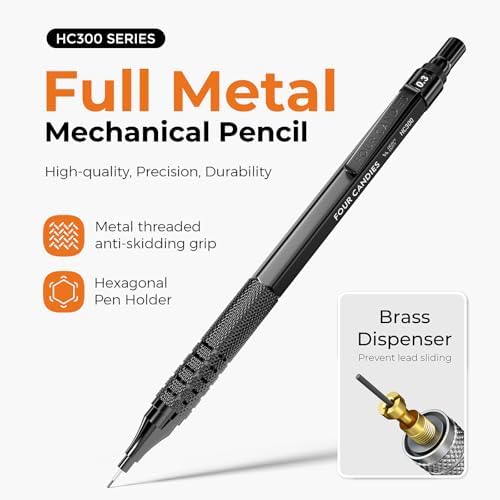 Four Candies Metal Mechanical Pencil Set, 4PCS 0.3, 0.5, 0.7, 0.9MM Mechanical Pencils & 2MM Drawing Pencil with 9 Tubes Lead Refills (4B 2B HB 2H Color) for Student Writing Artist Sketching - Black