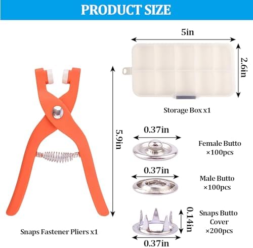 Snap Button Kit, 100 Sets 0.37'' Metal Snap Buttons with Fastener Pliers Press Tool and Box, No Sewing Rust Proof DIY Press Studs Button Fix Tools Perfect for DIY Crafts Clothes Hats