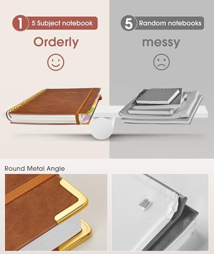 Hardcover Spiral Notebook Journal with Removable Dividers Tabs, 300 Pages Leather 5 Subject Notebook College Ruled, 8"x10" Large B5 Notebooks for Work School, Lined Journal for Women, Light Brown