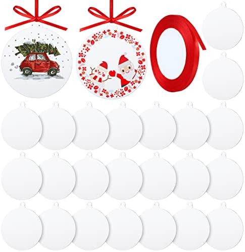 Queekay 25 Pcs White Round Acrylic Christmas Ornament with Red Ribbon DIY