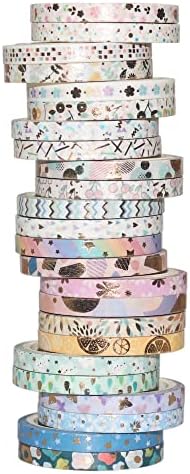 YUBBAEX 24 Rolls Skinny Washi Tape Set Gold Foil Print Decorative Tapes for Arts, DIY Crafts, Bullet Journals, Planners, Scrapbooking, Wrapping (Basic 5mm)