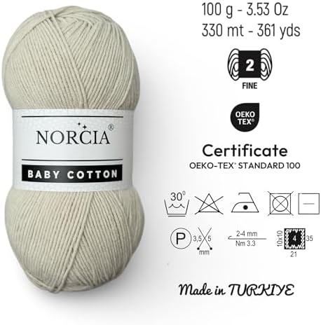 Baby Cotton, 55% Cotton 45% Acrylic Yarn, Fine/Sport (2) for Crochet and Knitting, Soft Amigurumi Yarn, 100 gr (361 yds)