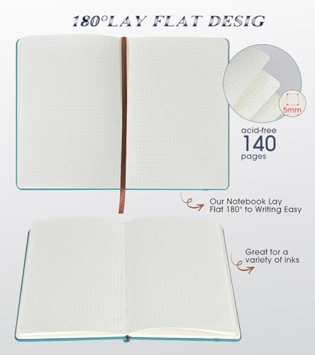 Biuwory Dotted Journal Notebook, 140 Dot Grid Pages, Medium 5.7"×8.3" | A5 Hardcover Vintage Leather Journal for Women Men, Dot Grid Paper Notebook for Work School Travel, Bullet Journaling Writing