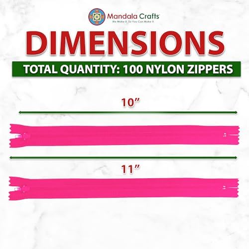Mandala Crafts 100 PCs Hot Pink Closed-End 10 Inch Nylon Zippers for Sewing