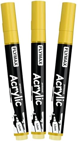 FLYMAX Yellow Marker Paint Pens - Permanent Marker Pens Yellow Acrylic Paint Water-Based 2.5mm Medium Tip Waterproof Quick-Drying (3 in 1Pack)