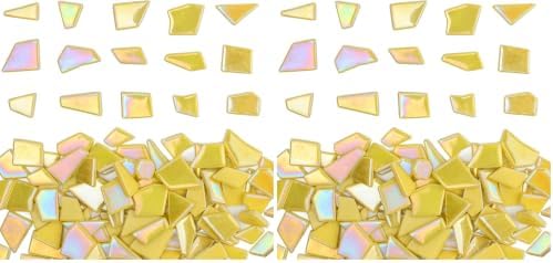 Youway Style Iridescent Glass Mosaic Tiles for Crafts Bulk,200g Yellow Broken Mosaic Glass Pieces for Garden Crafts Kits,DIY Mosaic Art Decor (Pack of 2)