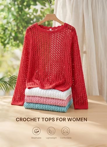 EVALESS Crochet Tops for Women Long Sleeve Hollow Out Knit Sweaters