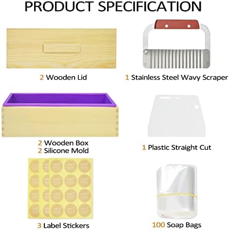 Artcome 42oz Soap Loaf Molds 2 Sets Rectangular Silicone Moulds Wooden Box with Lid, DIY Soap Making Supplies with with Stainless Steel Wavy Scraper and Plastic Straight Cutter