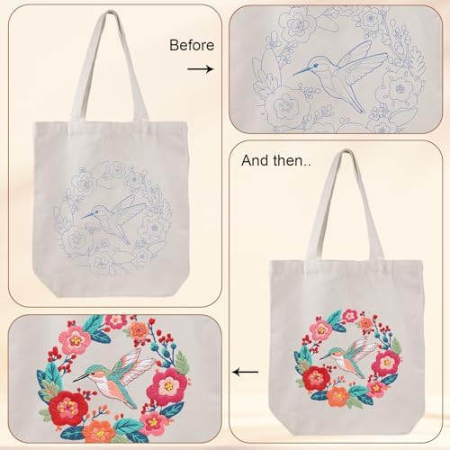 Louise Maelys Hummingbird Embroidery Kit Canvas Tote Bag for Beginners