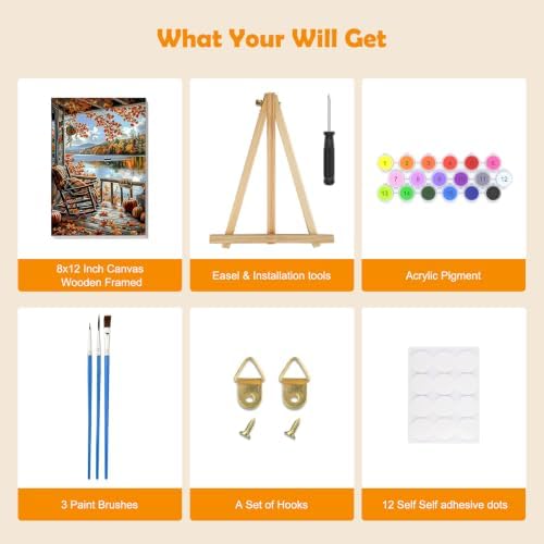 MOGTAA Fall Paint by Numbers Kit for Adults Beginners with Frame, Autumn Adult Paint by Number Kits on Canvas with Easel, Easy DIY Landscape Oil Painting Kits for Home Decor, 8x12in