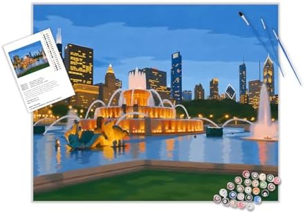 Chicago City Night View Paint by Number, Buckingham Fountain Paint by Numbers for Adult, Downtown Cityscape Canvas Painting Set, Travel Scenery Acrylic Painting for Home Decor 16×20inch Unframe