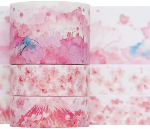 YUBBAEX Cute Printed Washi Tape 3 Rolls Japanese-Style Masking Tape Set Decorative for Arts, DIY Crafts, Journal Supplies, Planners, Scrapbook, Card/Gift Wrapping (Cherry Blossoms (Wide))