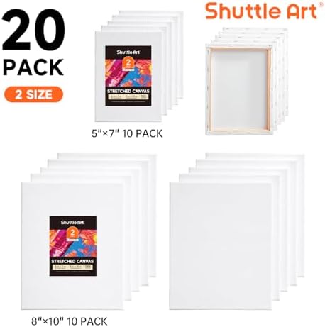 Shuttle Art Canvas for Painting, 20-Piece Multi-Pack 5x7 & 8x10 Inch Stretched Canvas, 100% Cotton, Primed White Blank Canvases, Ideal Art Supplies for Kids Acrylic Oil Acrylic Pouring
