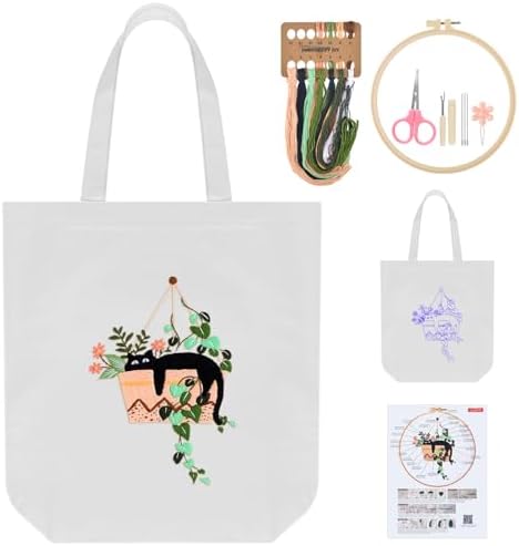 ERKOON Embroidery Canvas Tote Bag for Beginners, Needlepoint Arts Crafts Cross Stitch Kits for Adults Including Stamped Embroidery Bag with Hoops, Needle, Instruction and Color Threads (Cat)