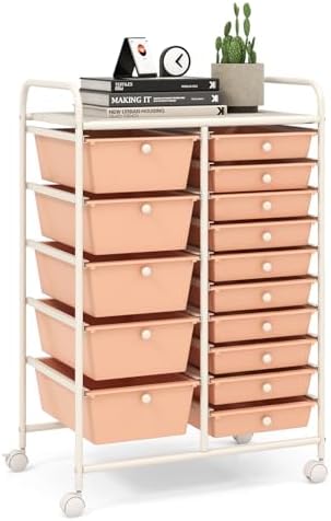 LDAILY 15 Drawer Rolling Storage Cart, Rolling Cart with Drawers for Classroom, Art Supply Craft Organizer on Wheel with Metal Frame & Handles for Home Office School