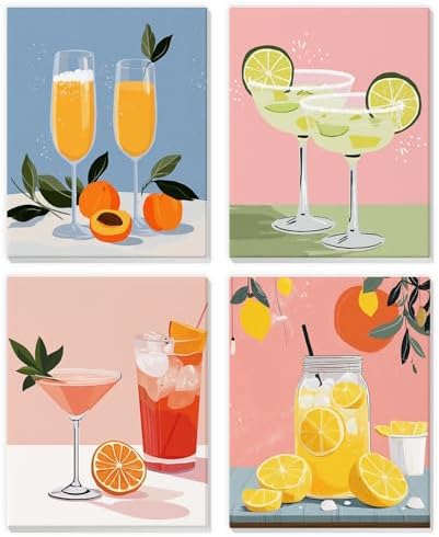 NEWENMO 4 Pack Paint by Numbers for Adults with Wooden Framed, Cocktail Kitchen, Paint by Number Kits on Canvas for Beginner, DIY Acrylic Oil Painting Kits for Home Decor 8x10 inch, Fruit Drink