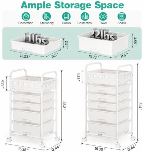 5 Drawer Rolling Storage Cart with Pegboard Top and Hooks, White