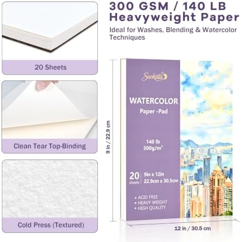 Suokata Watercolor Book, 9"x 12", 300 GSM Cold Press Texture Surface Paper