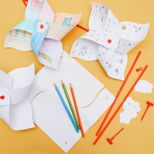 Simgoing 300 Pcs DIY Pinwheels for Kids Party Favor Paper Summer Craft Kits Bulk White Pinwheels for School Art Group Activities Scare Birds Garden Party Supplies 250th Anniversary July 4 (9.06 Inch)