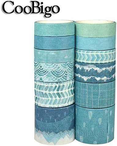 CooBigo Washi Tape Set, 12 Rolls 4 Size Decorative Masking Washi Tapes for Craft, Scrapbook, DIY, Planners, Gift Wrapping (Blue Track)