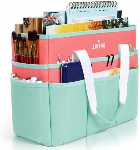 JJRING Craft Organizer Tote Bag Large Art Storage Caddy Green and Orange | With Multiple Pockets For Sewing, Scrapbooking, School, Medical, And Office Supplies