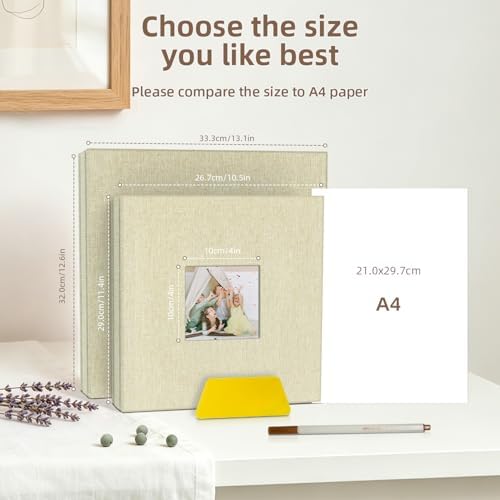 Popotop Photo Album Self Adhesive with Picture Display Window,60 Pages DIY Scrapbooking Supplies Kit for 4x6 8x10 Picture,Linen Cover Memory Book for Baby Wedding, with Scraper and Metallic Pen