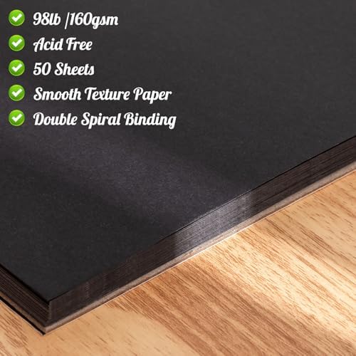 Black Paper Sketchbook 9 × 12 in, 30 Sheets, 160gsm Spiral Bound | Acid-Free 98Lb Black Paper, Lays Flat, Clean Tear-Out Pages, for Colored Pencil, Chalk, Gel Pens And Mixed Media
