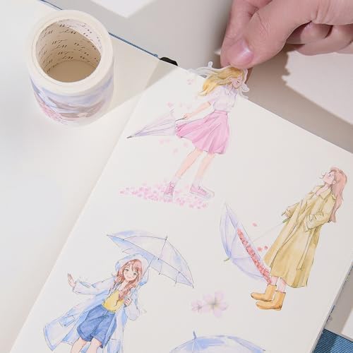 WT Pre-Cut Morning Drizzle Wide Washi Tape, Single Roll, Original Cozy Rainy Day Designs, Decorative Japanese Paper Tape for Journaling, Scrapbooking, Planner & DIY Crafts, 65mm×5m
