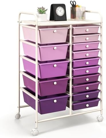 GOFLAME 15-Drawer Rolling Storage Cart, Craft Storage Cart with Removable Drawers & Lockable Wheels, Art Cart Supply Storage Organizer for Home Office Classroom, Purple Gradient