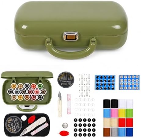 FKOG Retro Green Sewing Project Kit, 151 Pcs Sewing Kit with Portable Retro Hard-Shell Case, 18 Multicolor Thread Spools, Needles, Buttons, and Accessories (Used Green)