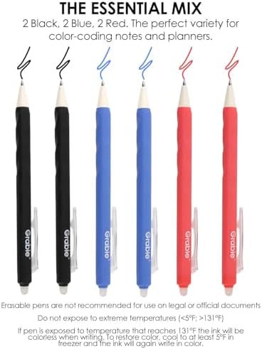 Grabie Erasable Gel Pens, 6 Pack Black Blue Red 0.7 mm Medium Point | Heat-Sensitive Erasable Ink, Retractable Clip Design, Clean Erasing, Smooth Writing, Comfortable Grip, Quick Drying